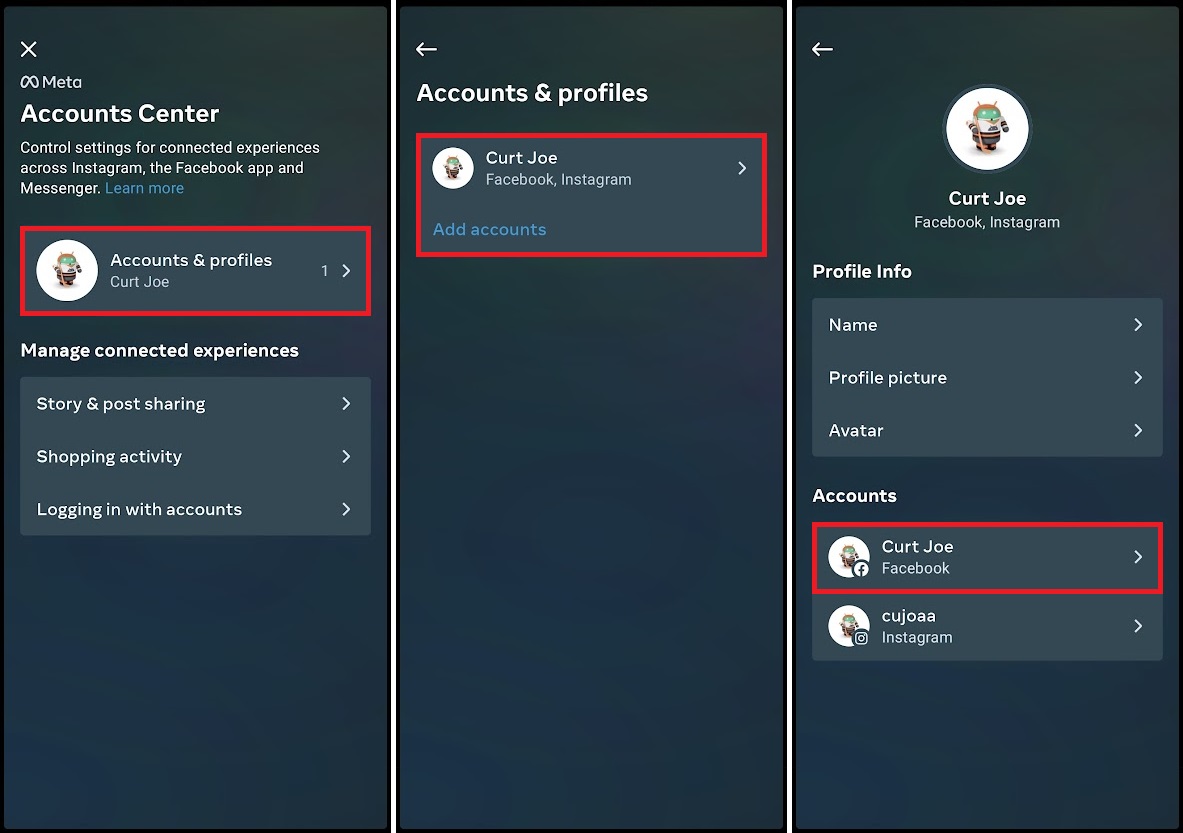 find your instagram profile linked within the meta accounts center