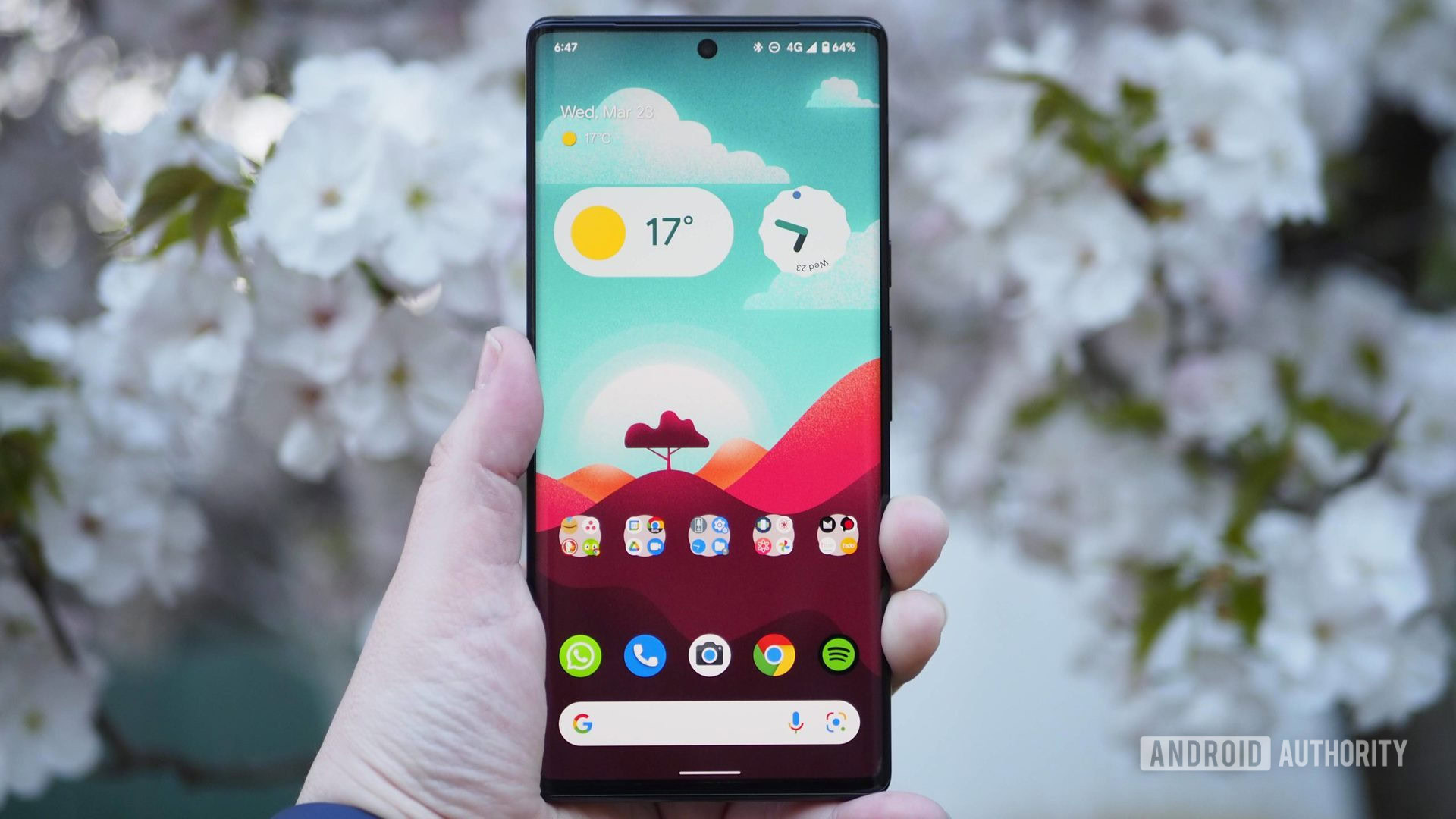 Google Pixel 6 Pro front homescreen with cherry blossoms in the background