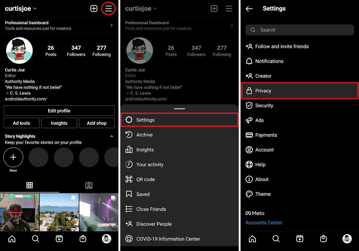 head to privacy within instagram settings