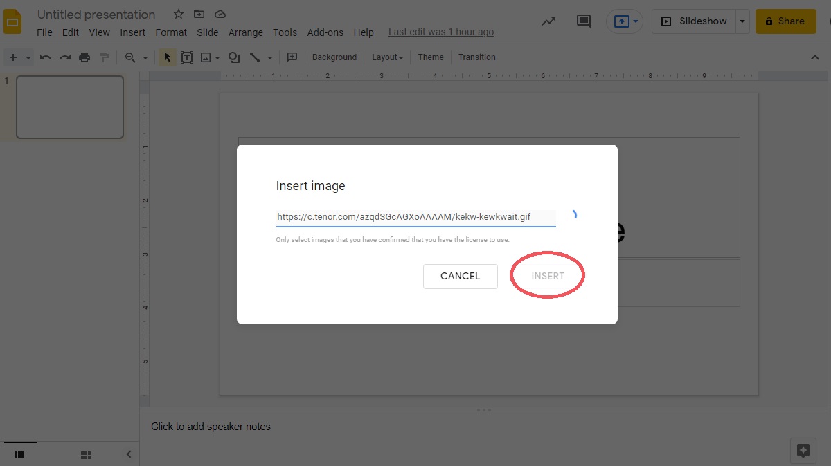 insert the gif as an image on google docs by url