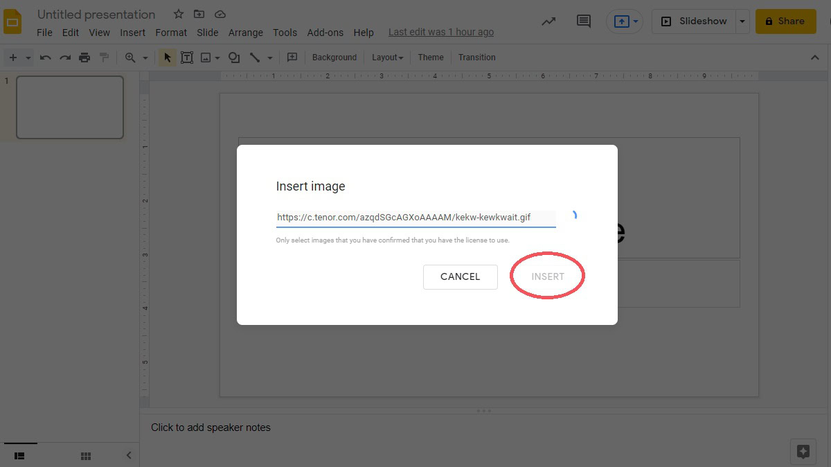 insert the gif as an image on google docs by url