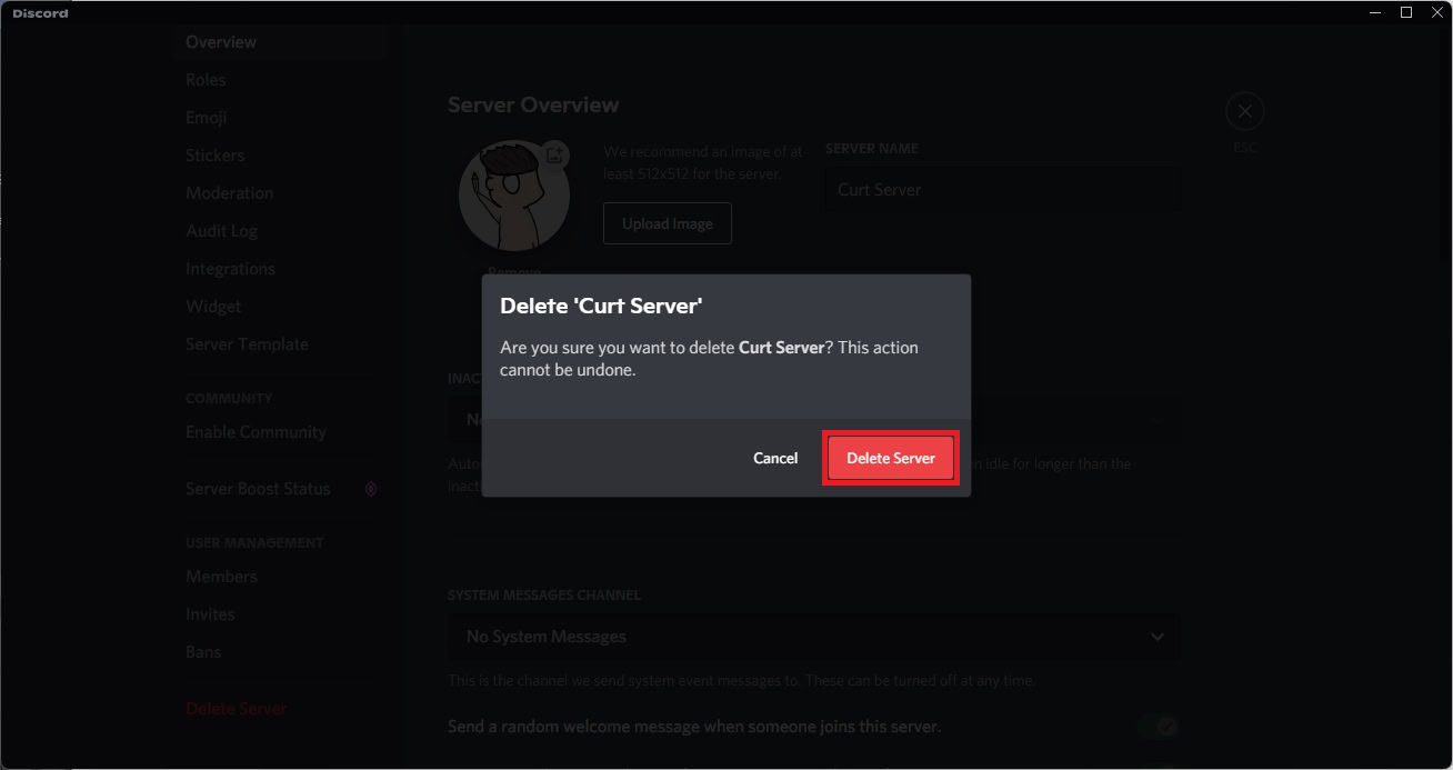 last warning message to delete server discord