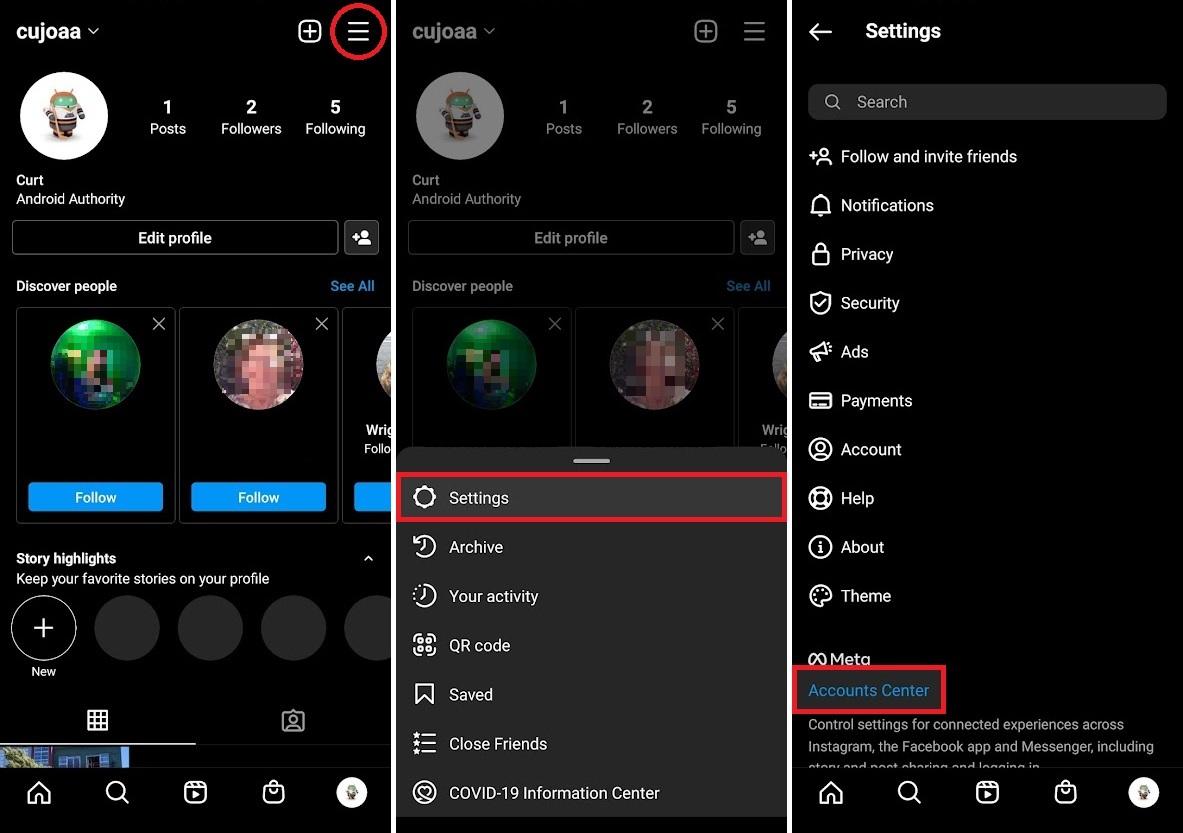 Locate accounts center within instagram