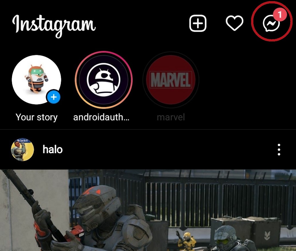 open instagram messages with the messenger button in the top right of the interface