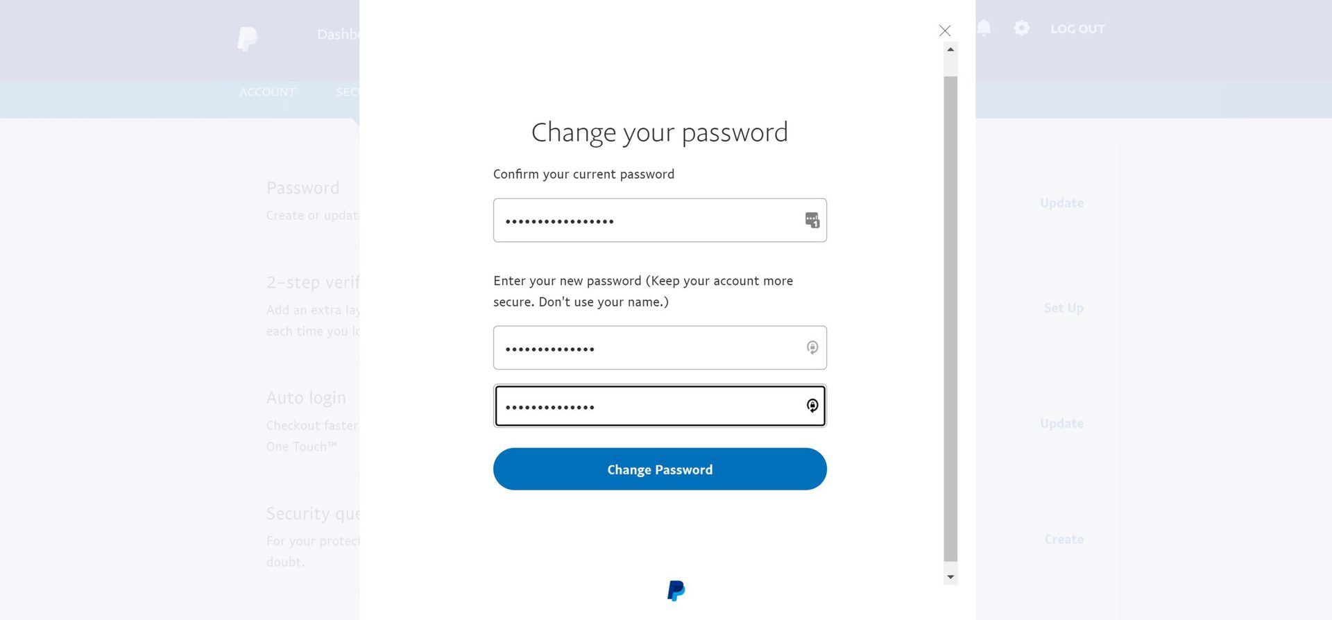 paypal change password confirmation