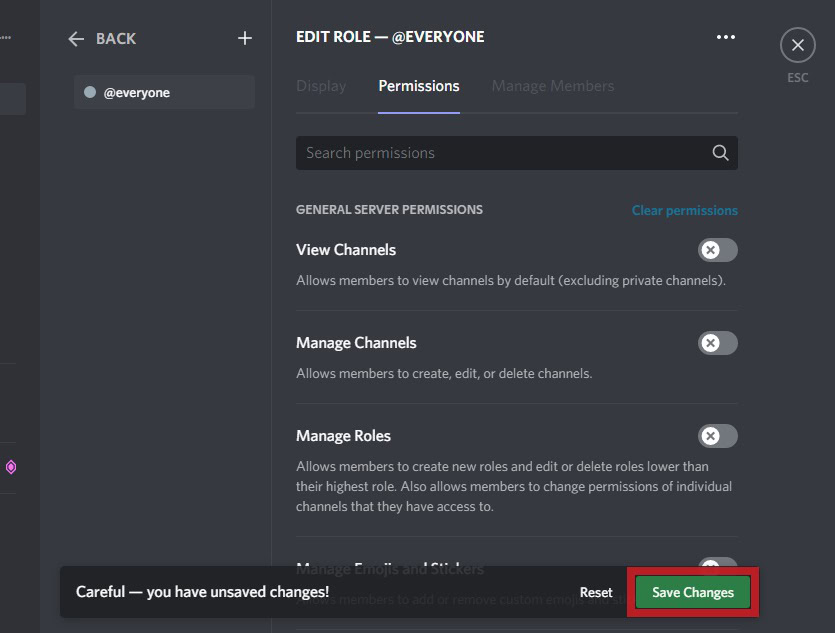 remove role permissions then save changes