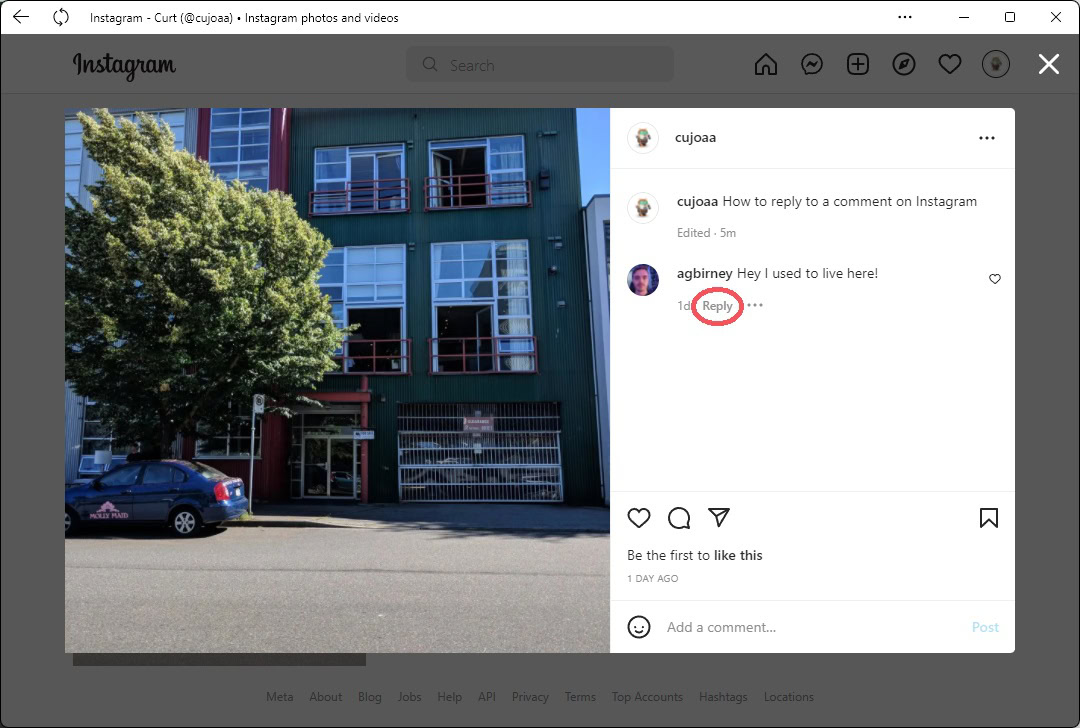 reply to a comment on instagram desktop
