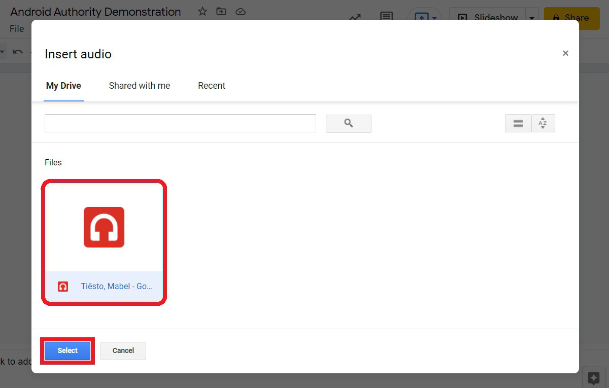 select your audio file on google drive