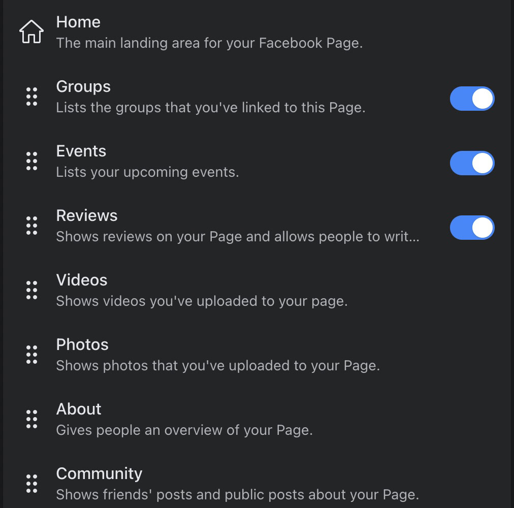 set up facebook page select template options