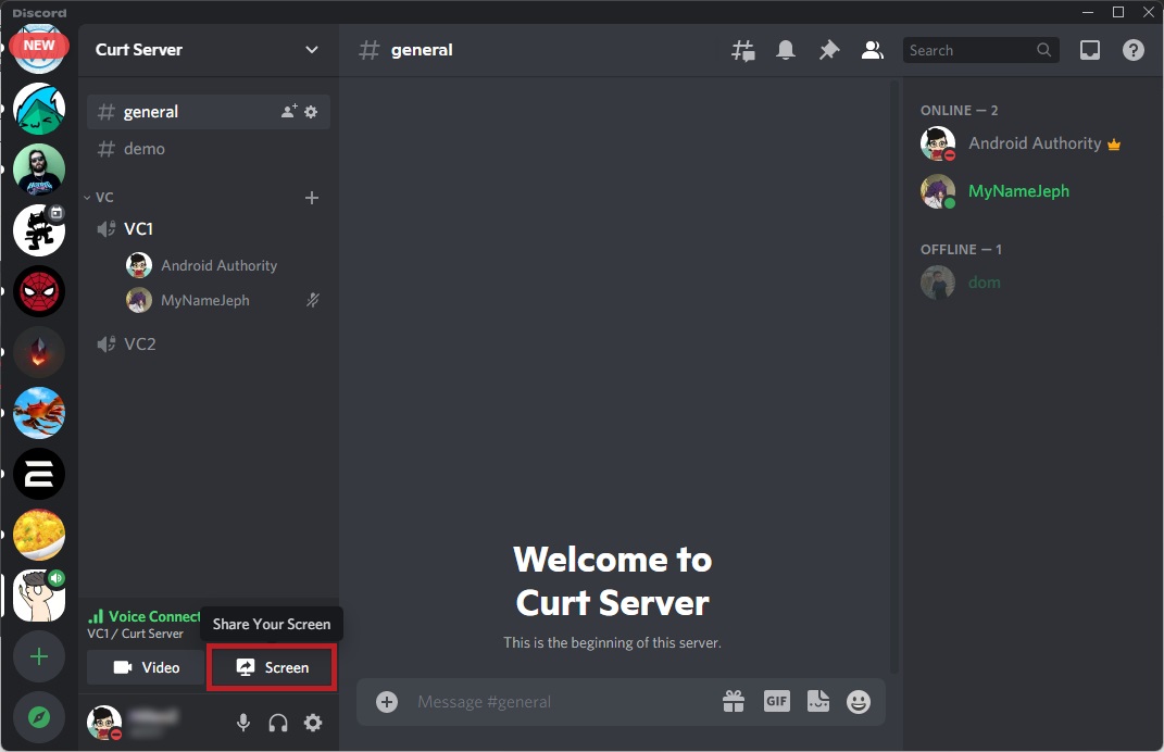share your screen button on voice call discord desktop