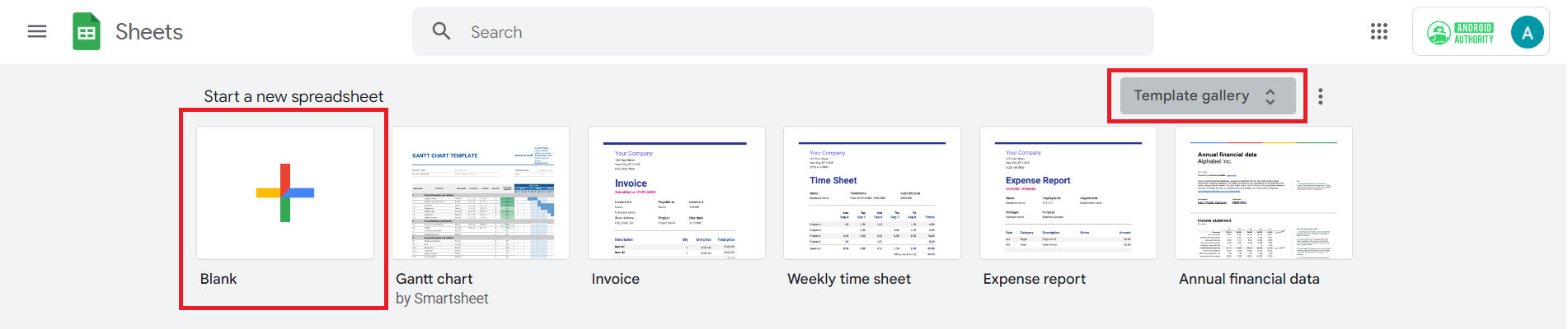 google sheets template gallery