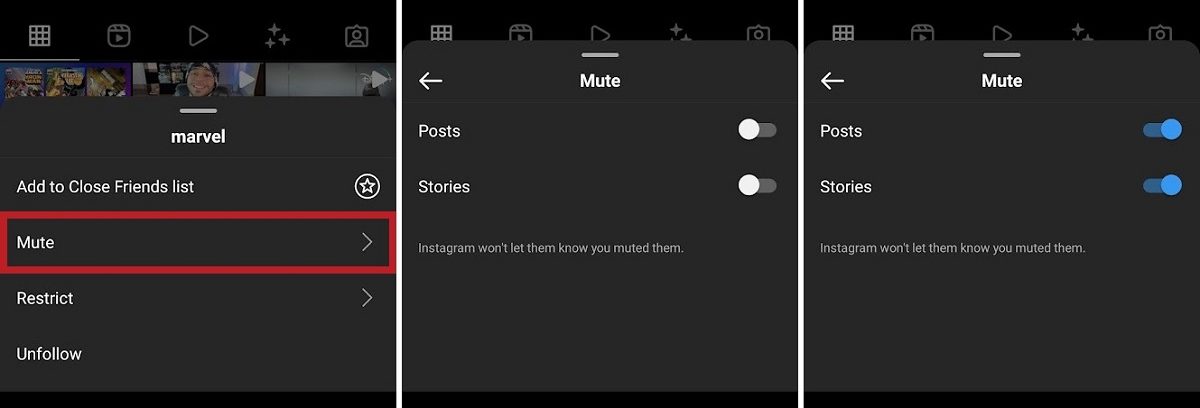 the mute button location on instagram