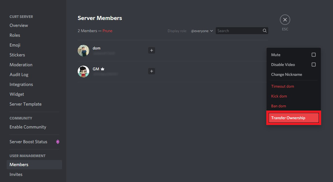 discord transfer ownership button location