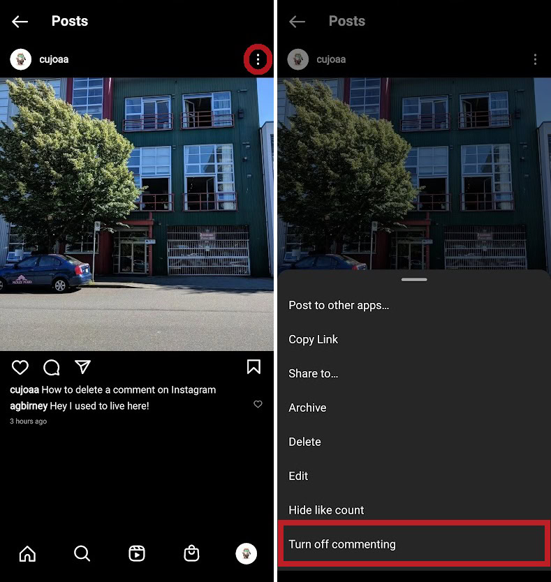 turn off commenting on an instagram post