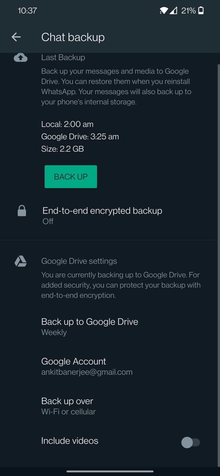 whatsapp backup google drive settings