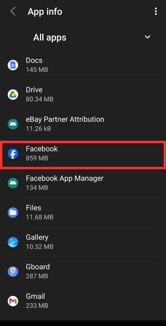 Phone settings Facebook app