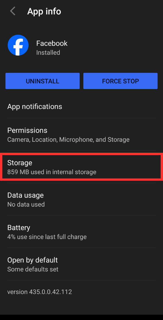 Phone settings facebook storage