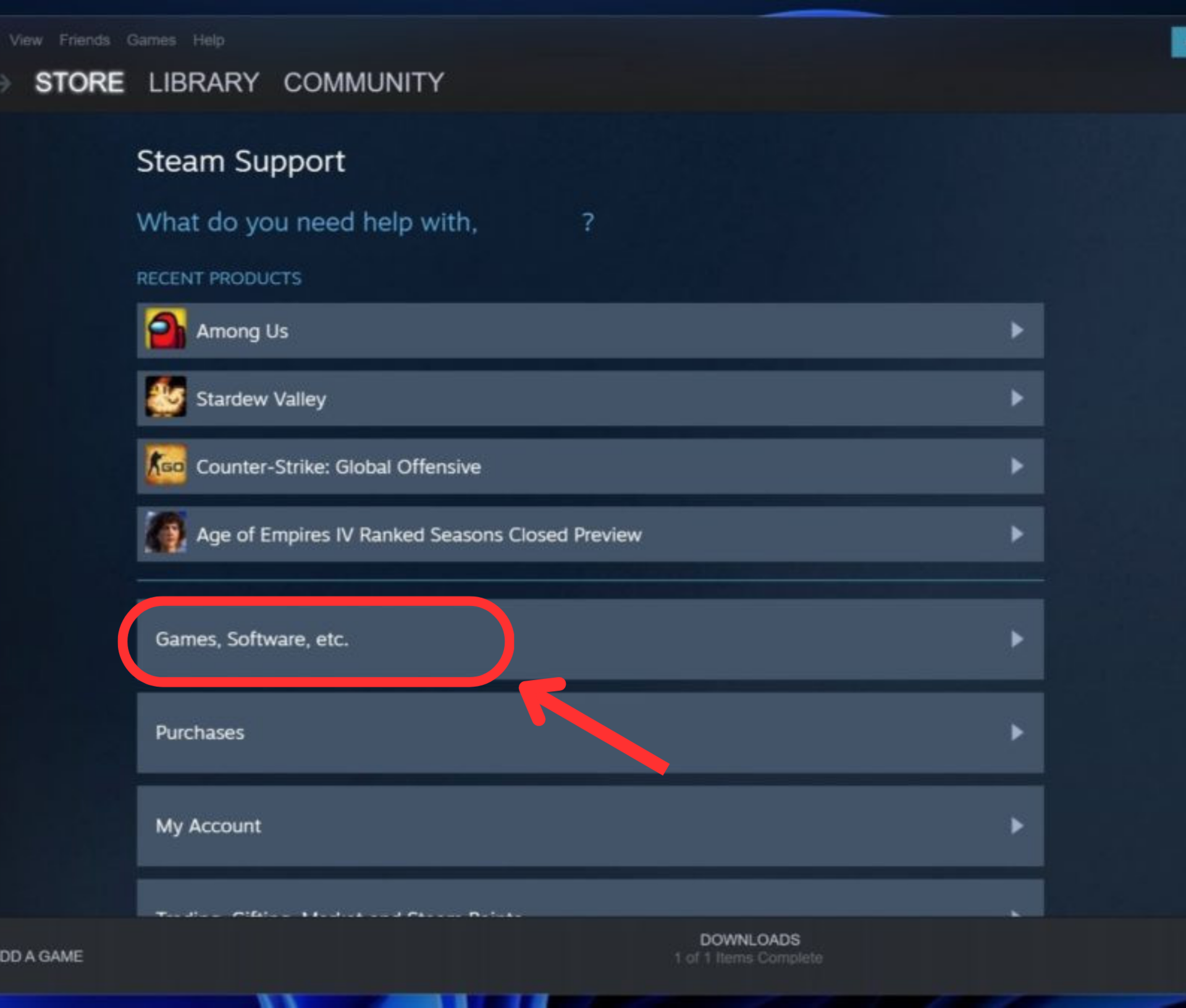 steam support games softwares etc. button