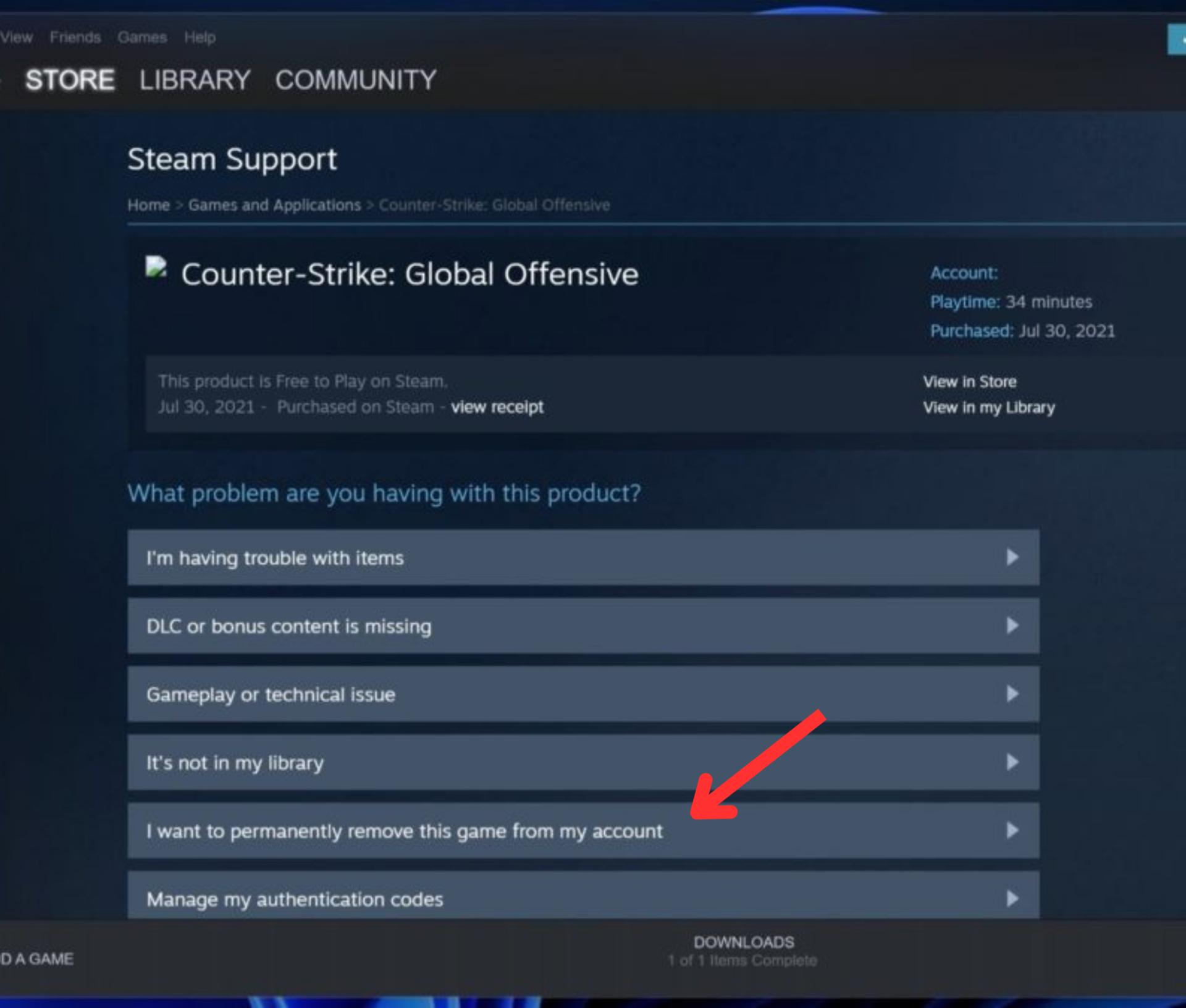 steam help support i want to remove permanently remove this game from my account button