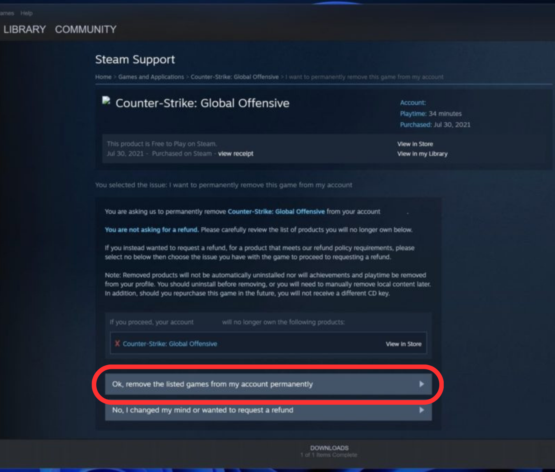 steam help support remove game from account confirmation