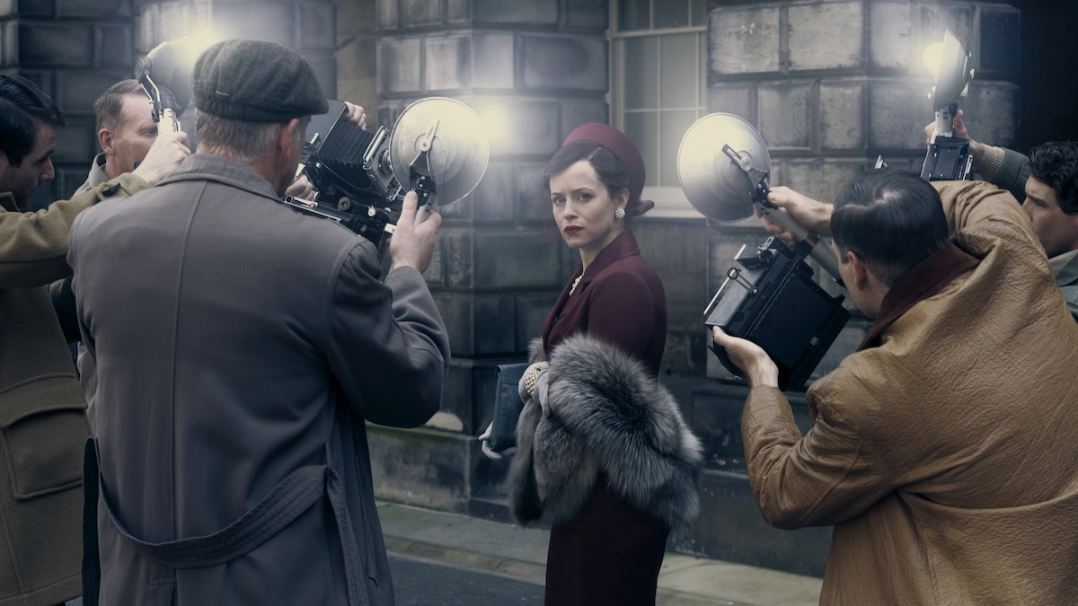 Claire Foy is stalked by photographers in the street in A Very British Scandal - shows like the anatomy of a scandal