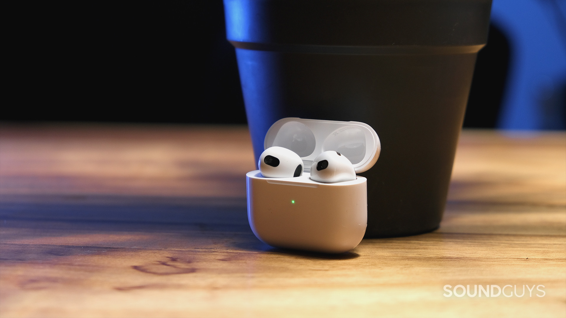 The AirPods 3rd Generation in their case sitting in front of a potted plant on a wood table.