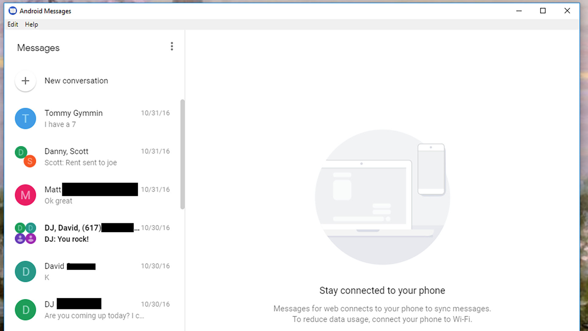 Screenshot of Chris Knepper on Android Messages Desktop