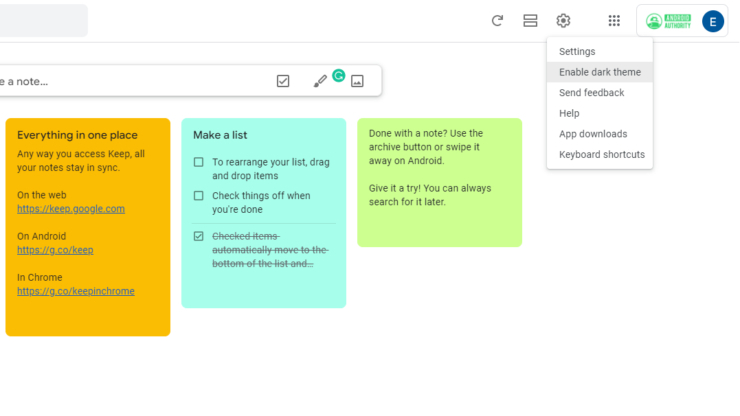 Dark Mode on Google Keep Notes for browser