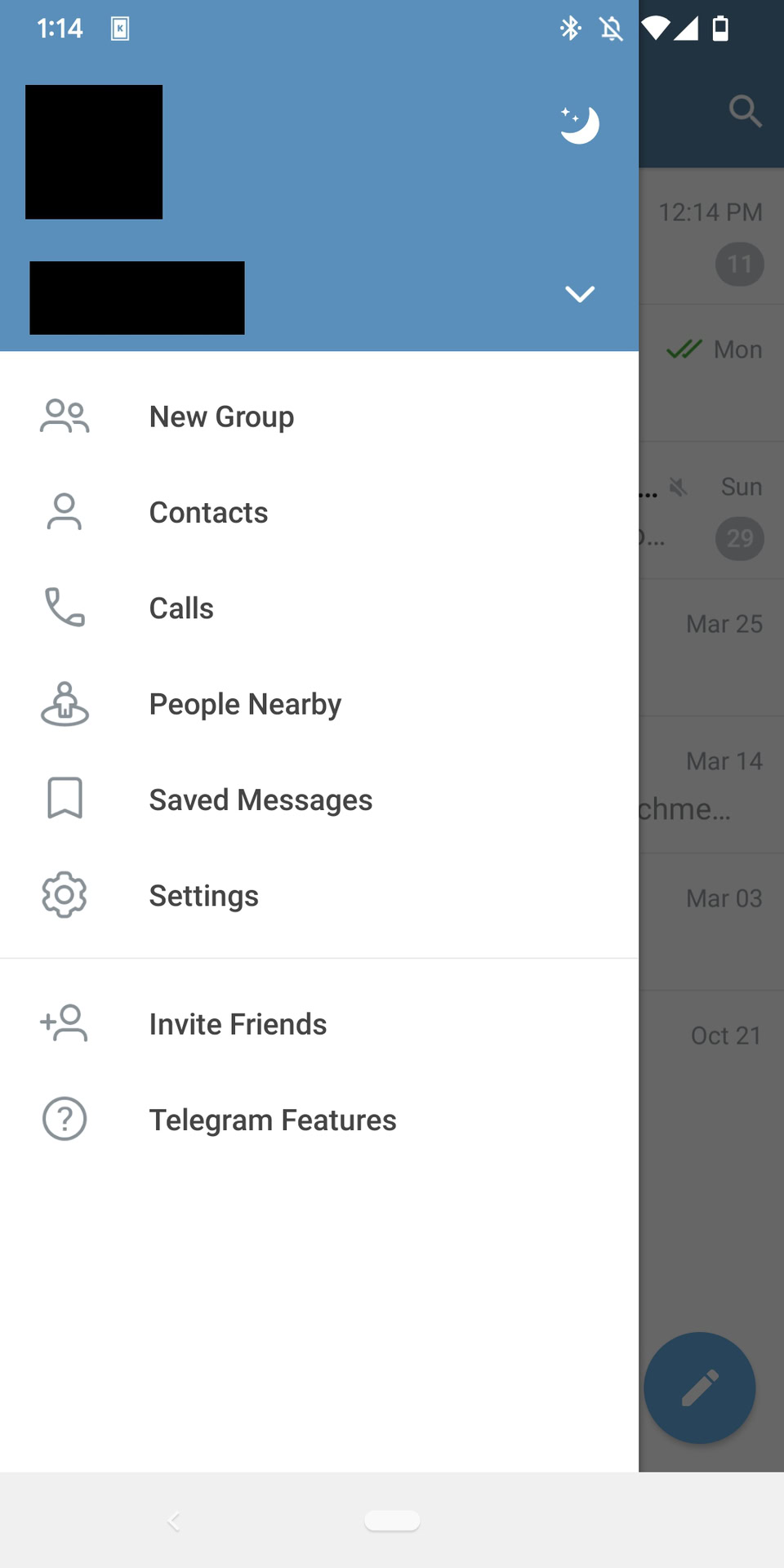 The Telegram settings menu open inside the mobile app.