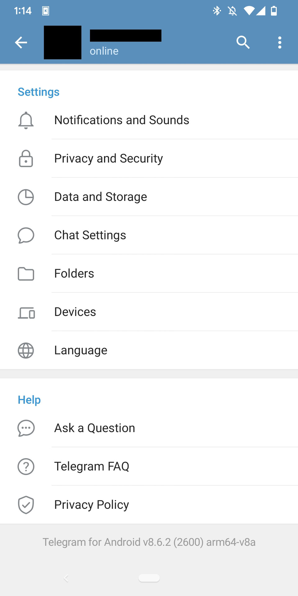 The Telegram settings menu opens with an option 