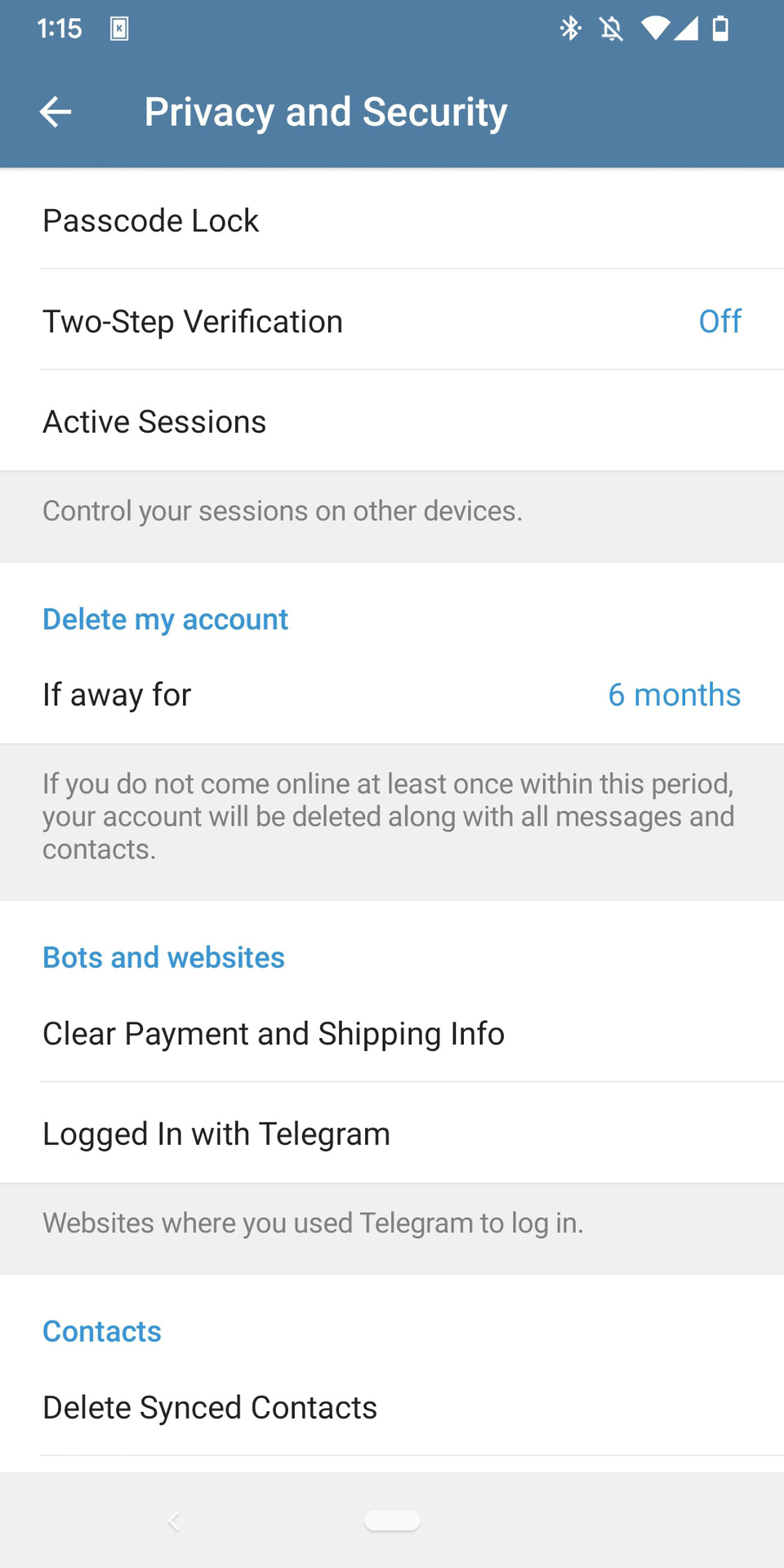 El menú de configuración de Telegram 'Privacidad y seguridad' se abre con la sección 'Eliminar mi cuenta' visible debajo de la cual se lee 'Si estoy fuera por 6 meses'.