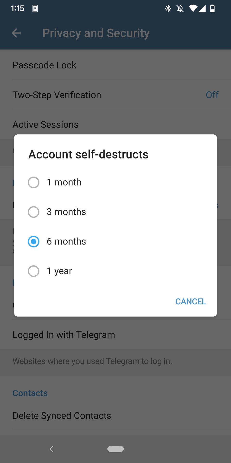 A sub-menu that pops up after tapping on 'If away for 6 months' in the Telegram settings menu.
