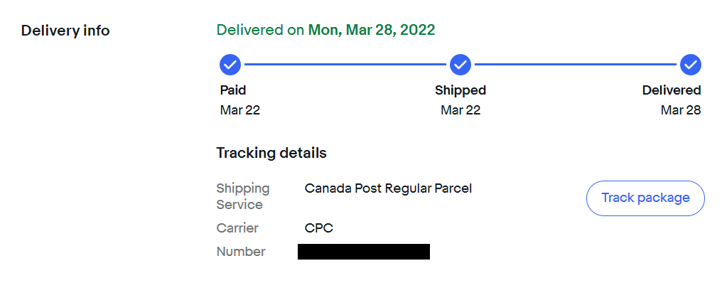 Delivery info track eBay order