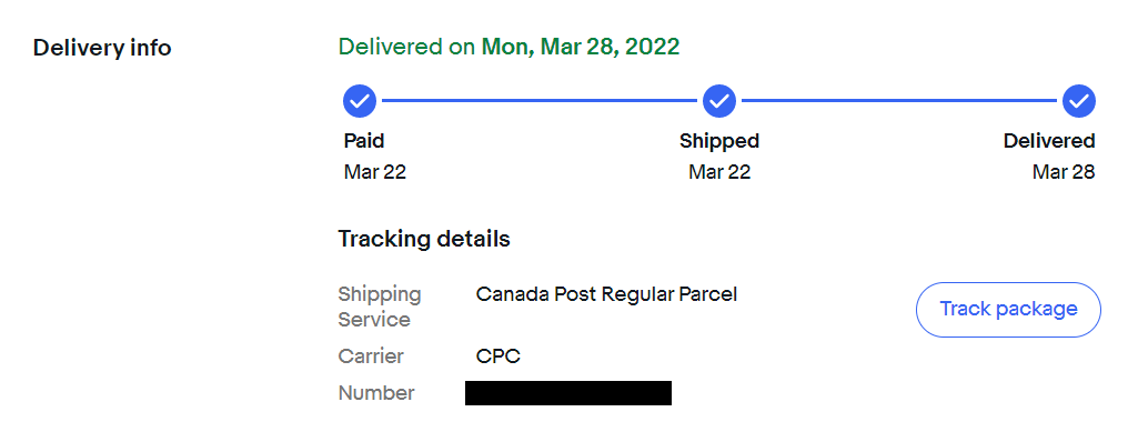 Delivery info eBay order tracking