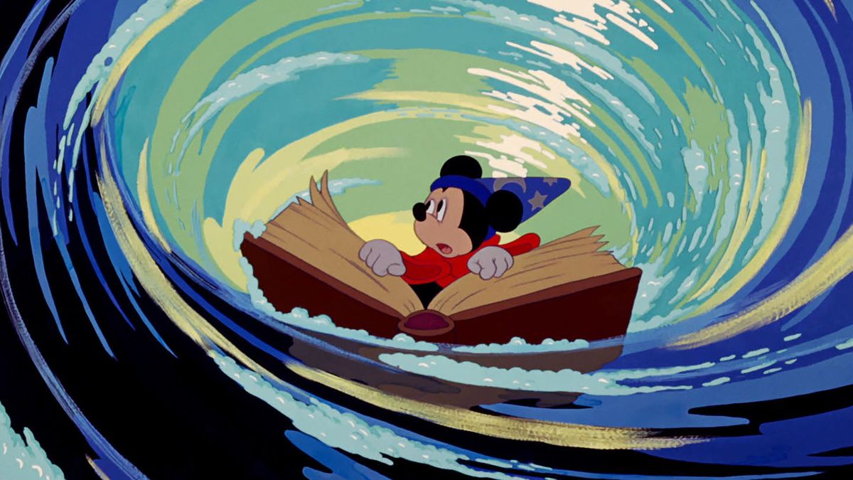 Mickey Mouse with a spellbook caught in a wave in Fantasia