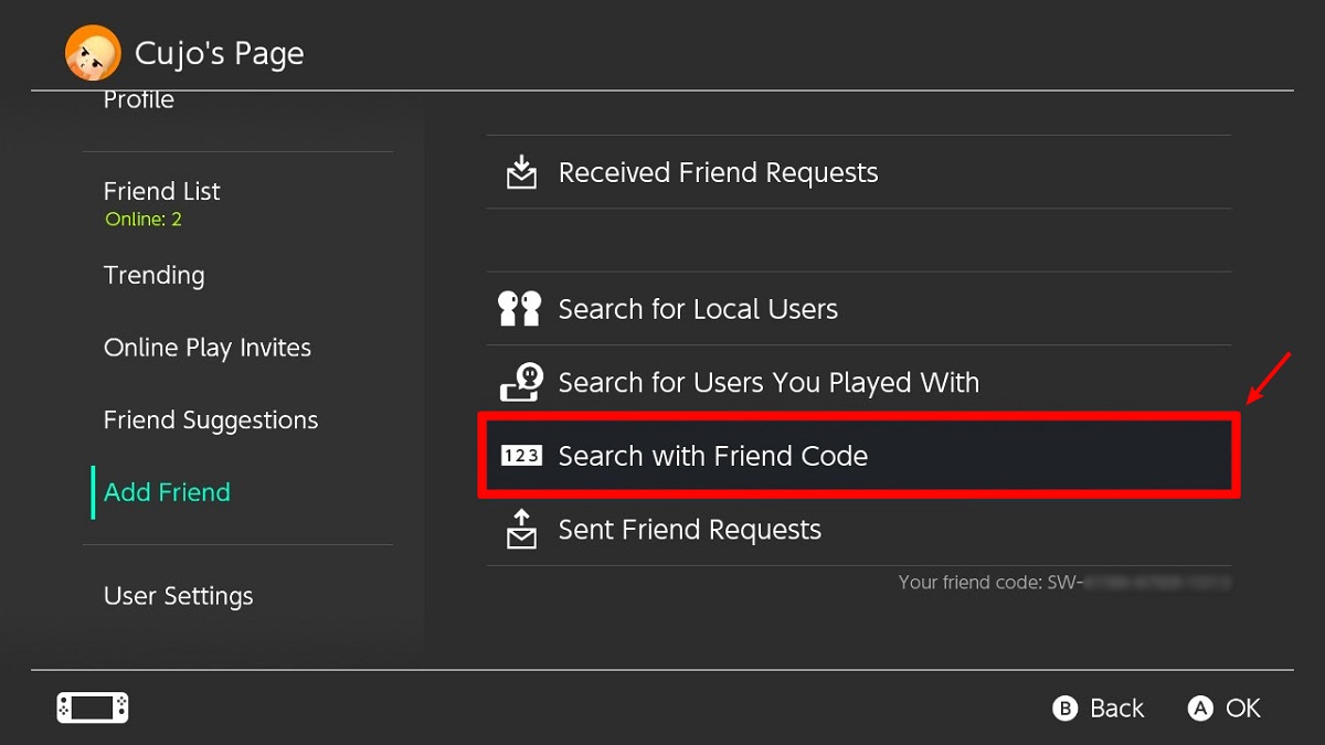 Go to Search with friend code