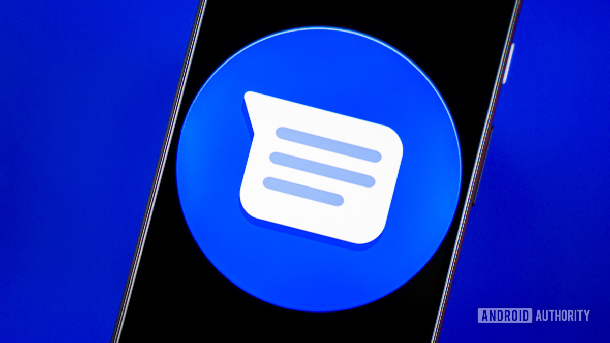 Google Messages SMS logo on a phone screen.