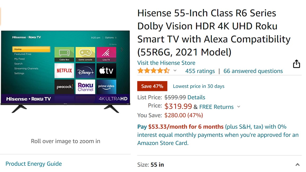Hisense 55 Inch Class R6 Series Dolby Vision HDR 4K UHD Roku Smart TV Amazon Deal
