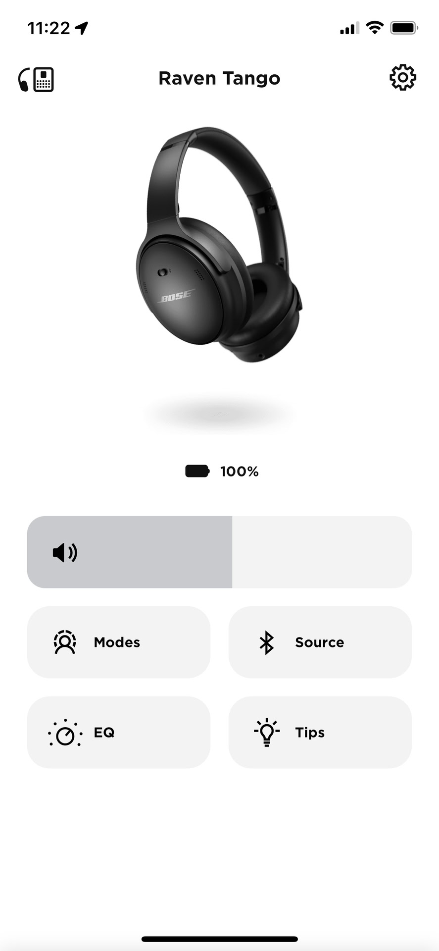 A screenshot of the February 2022 update of the Bose Music app with the Bose QuietComfort 45 connected showing the home screen with a new EQ button visible.