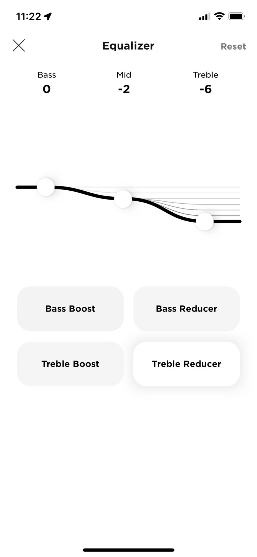 A screenshot of the February 2022 update of the Bose Music app with the Bose QuietComfort 45 connected showing the EQ with Treble Reducer activated.
