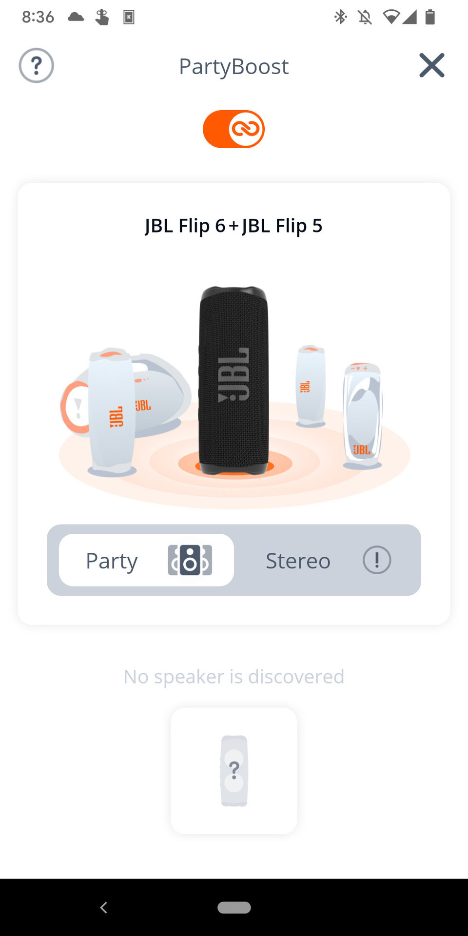 Screenshot of the JBL Portable app after it has been synced to the JBL Flip 6 showing the PartyBoost function.