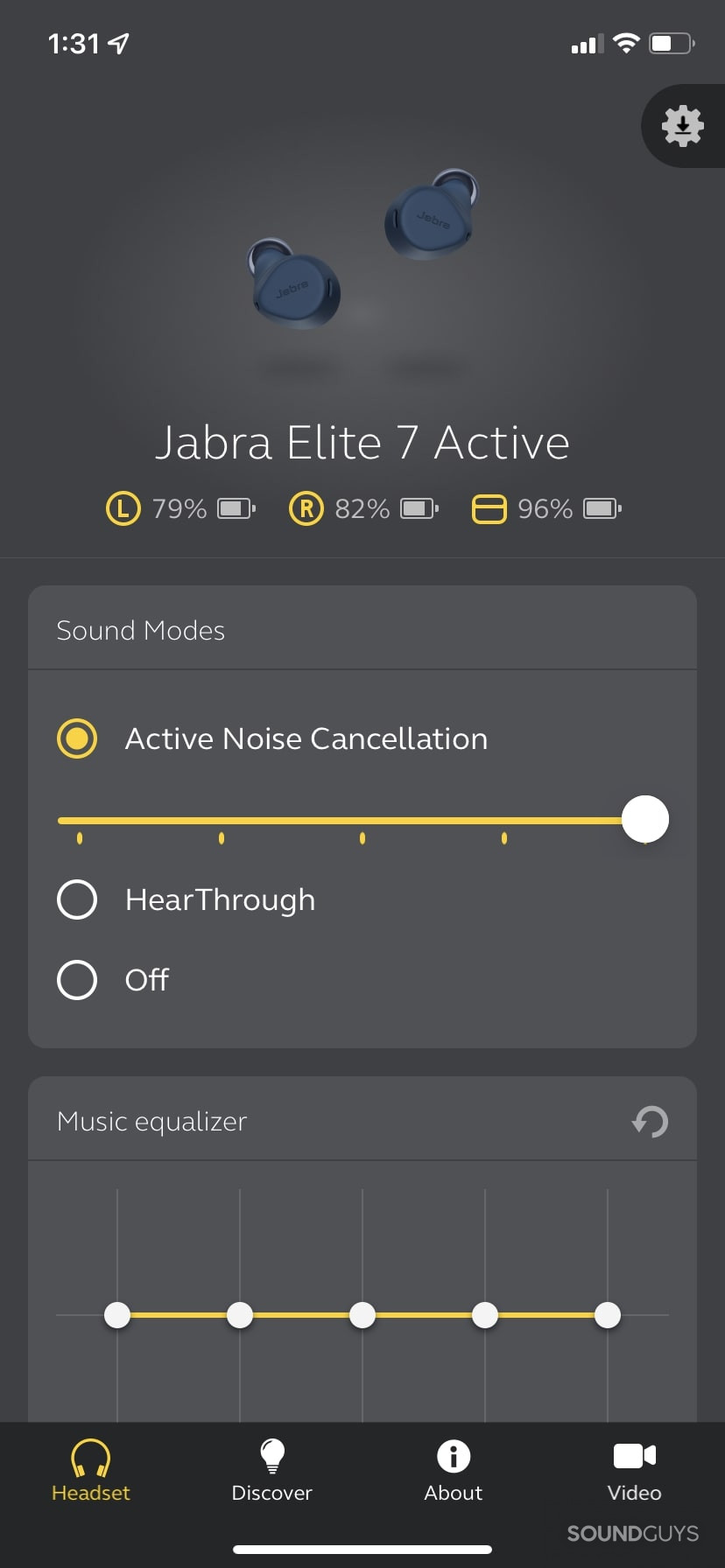 Screenshot of Jabra Elite 7 Active Sound+ homescreen showing ANC and EQ adjustments