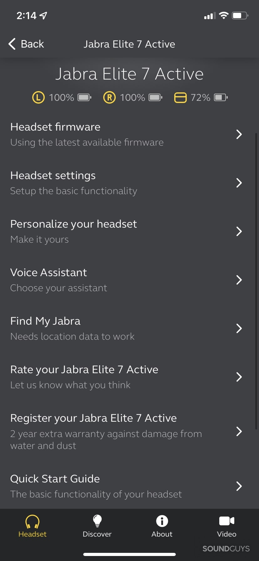 Screenshot of Jabra Elite 7 Active settings within the Sound+ app.