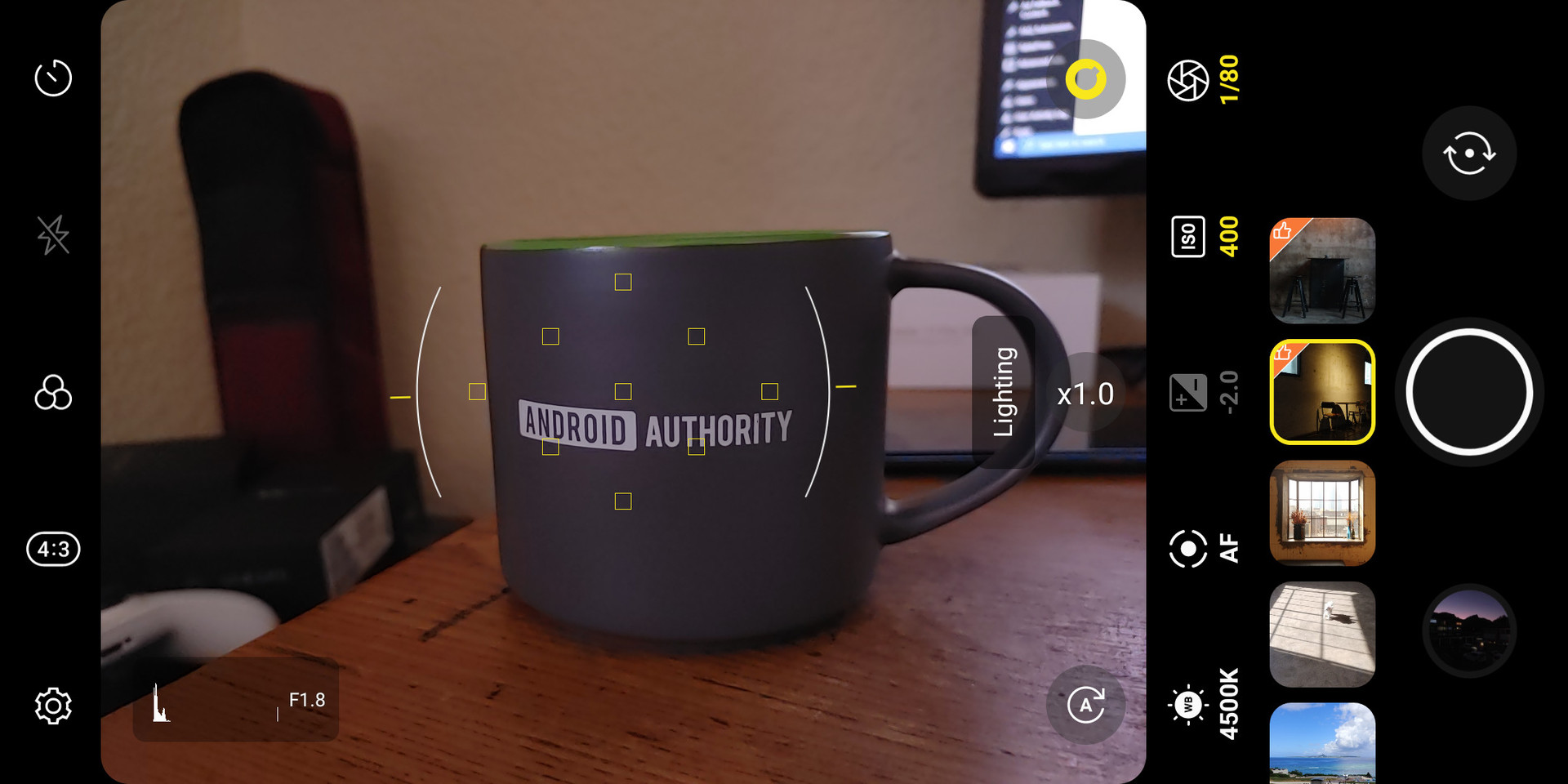 LG V60 manual mode graphy taking a picture of an Android Authority mug on a table.