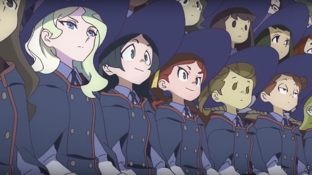 A row of seated, animated witches in Little Witch Academia