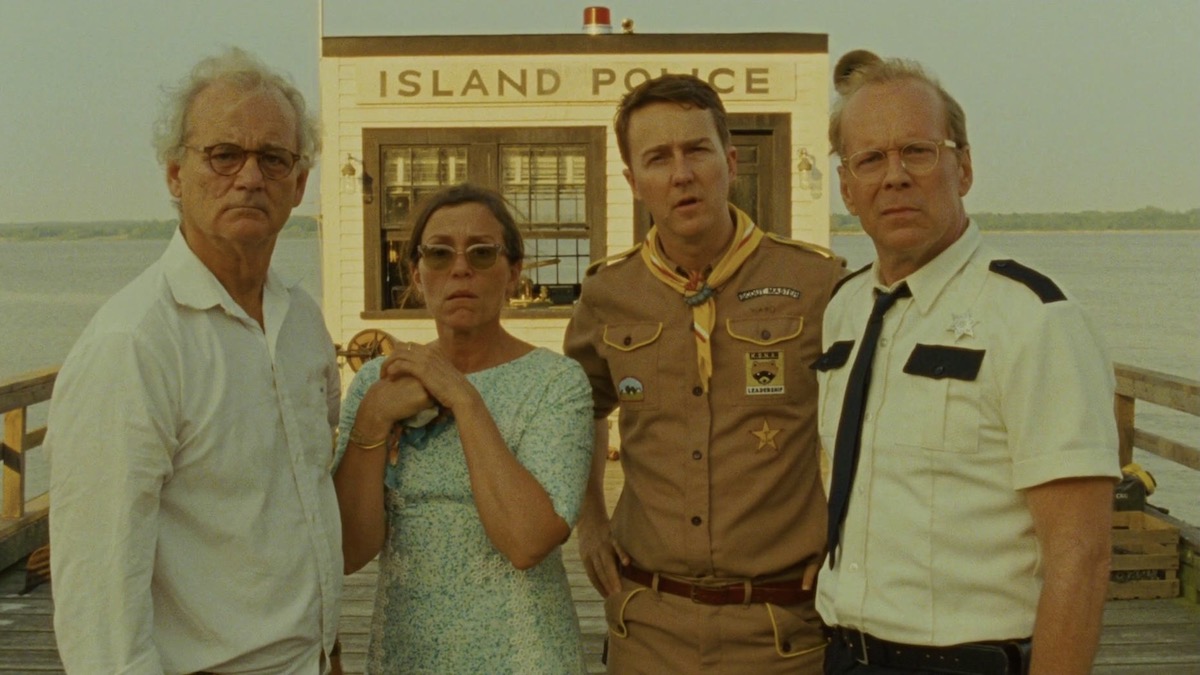 Bill Murray, Frances McDormand, Edward Norton, and Bruce Willis outside a police station in Moonrise Kingdom - bruce willis best movies