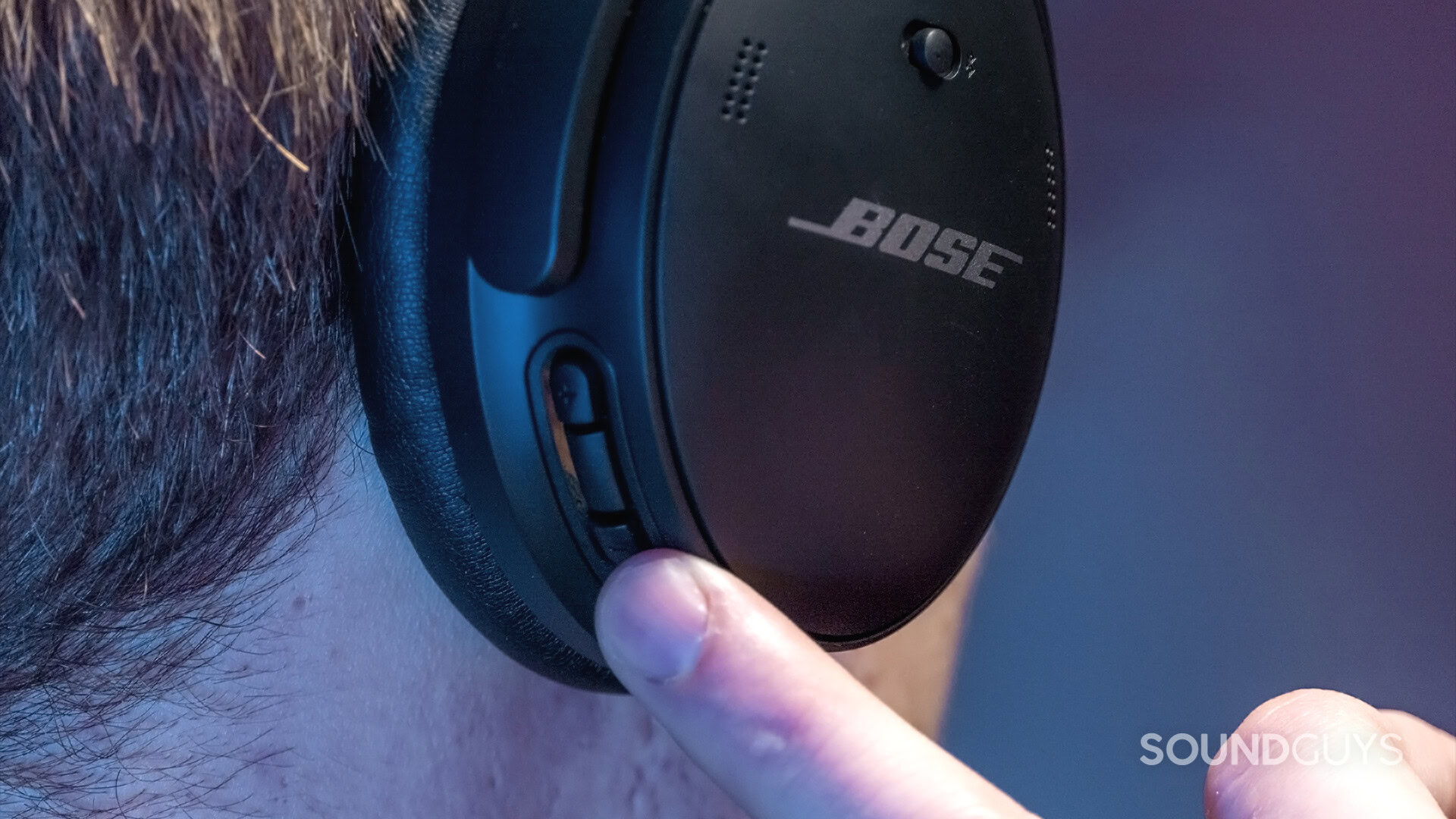 A photo of the back of the Bose QuietComfort 45's ear cups, along with the control cluster.