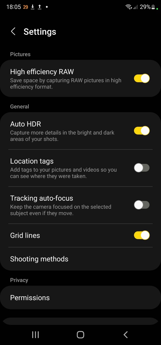 Samsung Expert RAW app settings menu