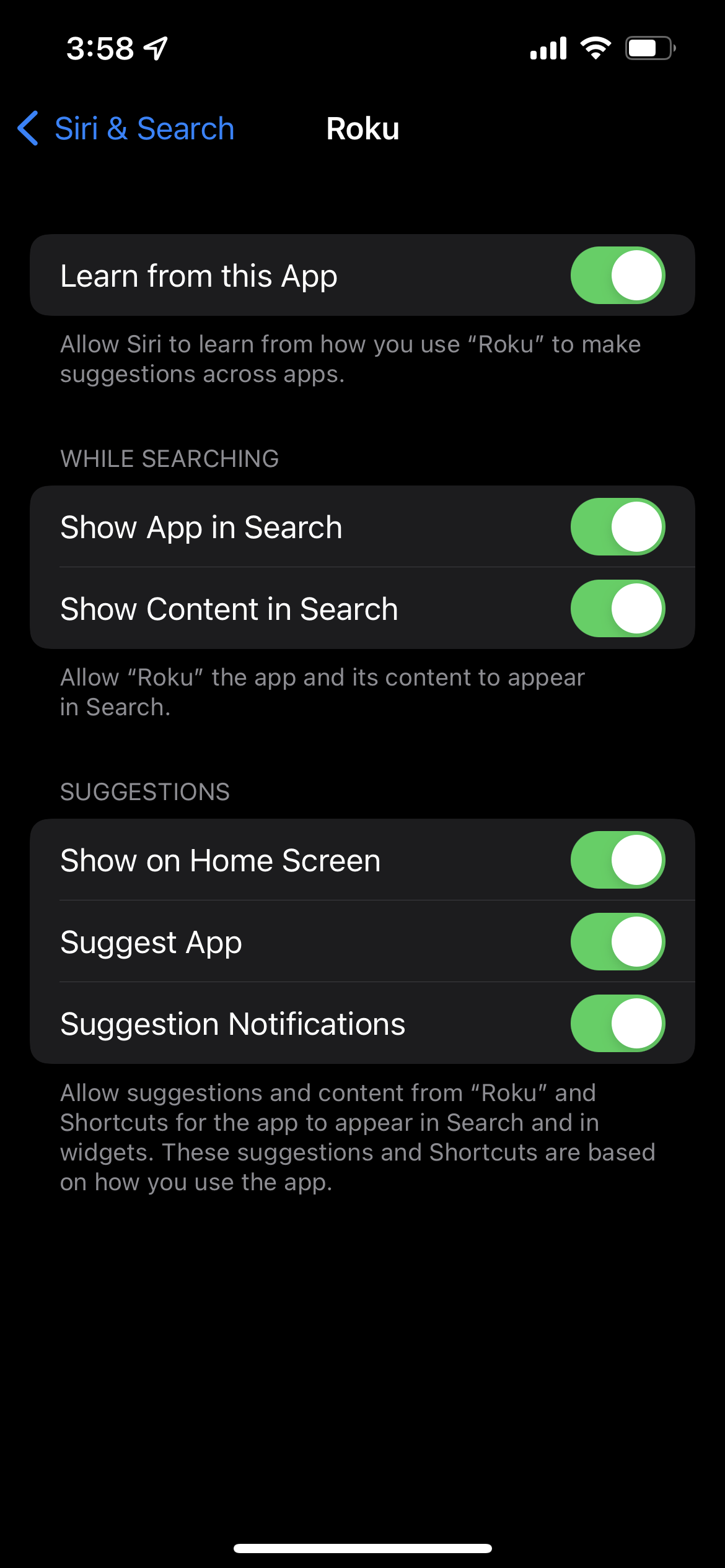 Siri app suggestion settings in iOS 15