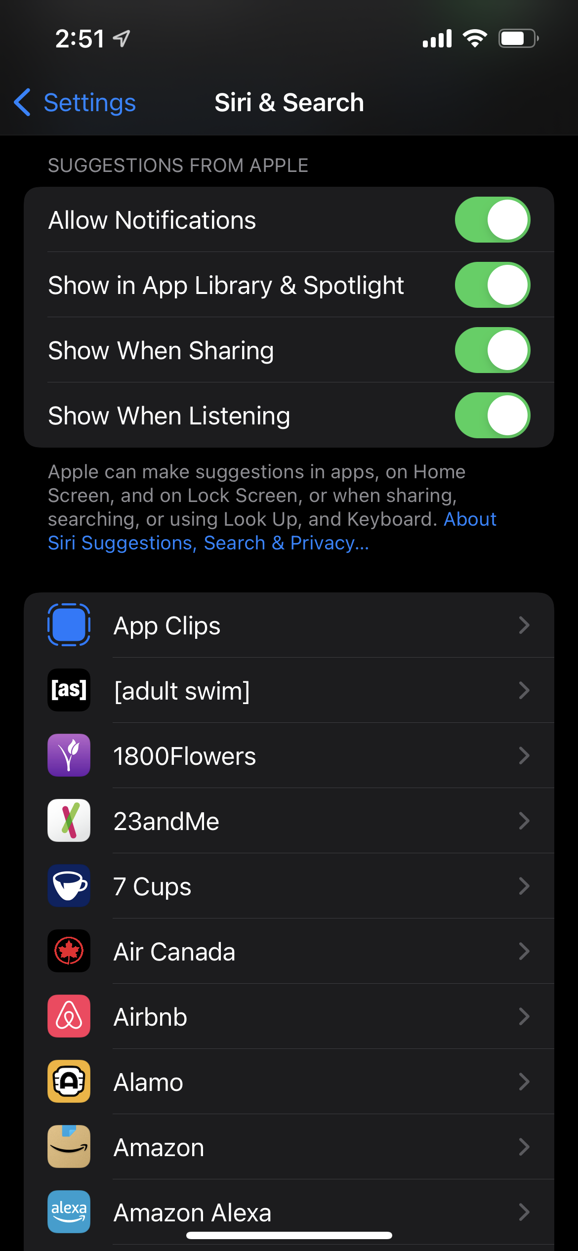Siri suggestion settings in iOS 15